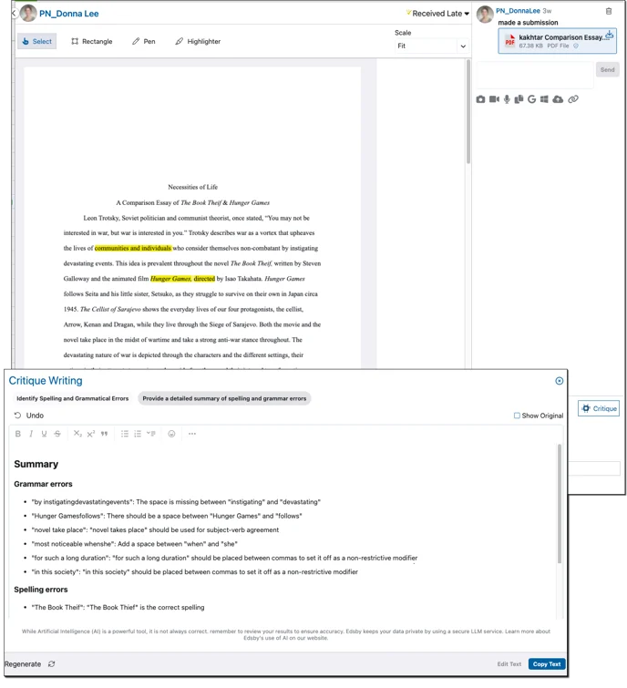 Within the Grader, the teacher has asked for a list of spelling and grammar issues present in the student’s submitted PDF file.