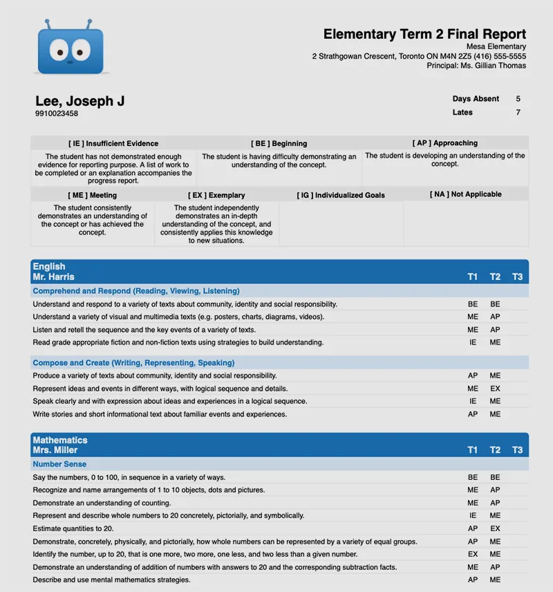 Standards based report card in Edsby